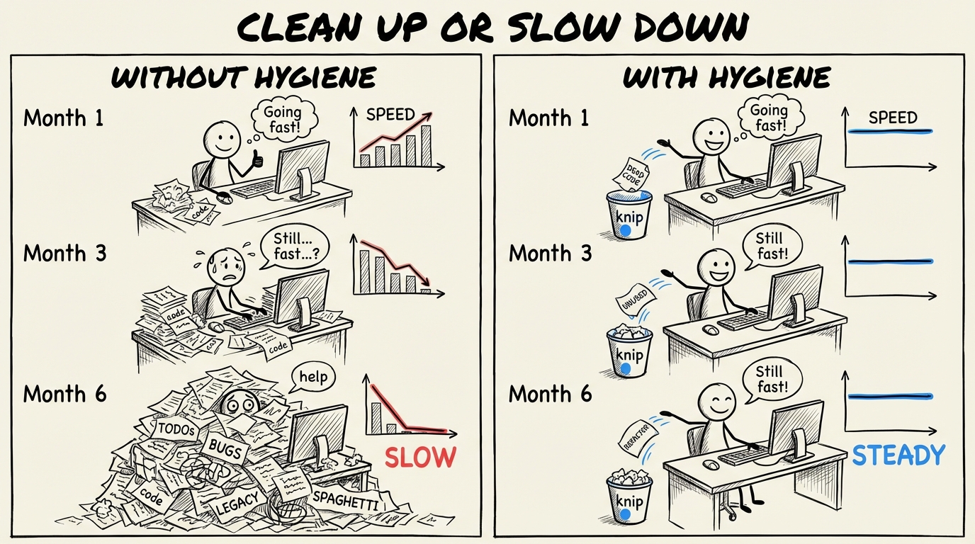 Code Hygiene Spectrum: Traditional development needs occasional cleanup. AI-assisted development needs continuous hygiene.