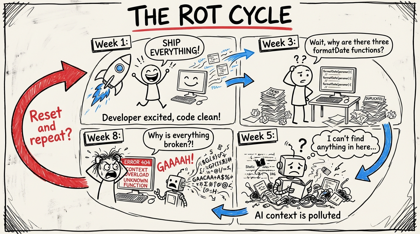 The AI Code Rot Cycle: Fast generation creates dead code. Dead code pollutes context. Polluted context creates worse generations. Worse generations need more fixes. More fixes create more dead code.